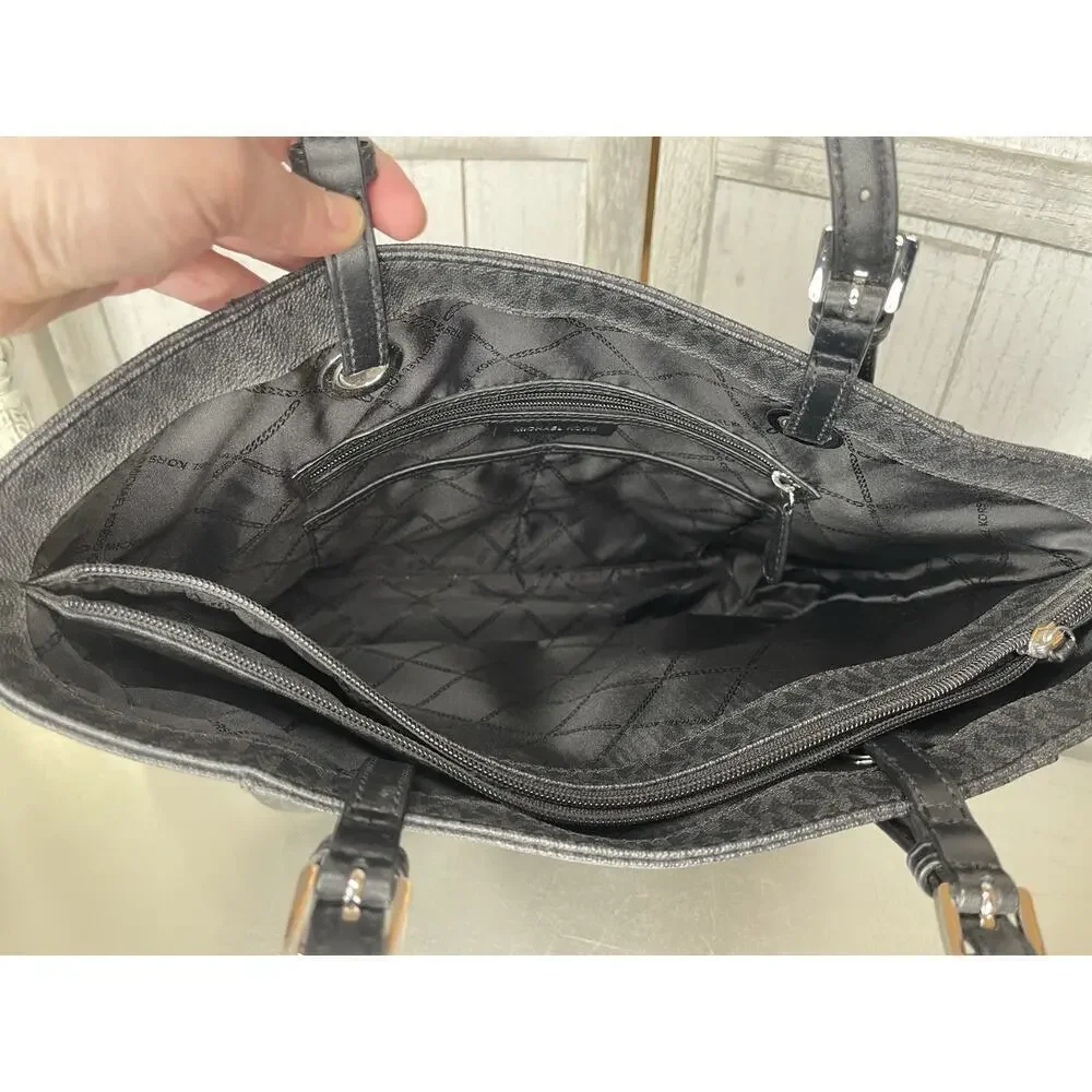 Michael Kors Signature Large Jet Set Logo Tote Black With Silver Hardware